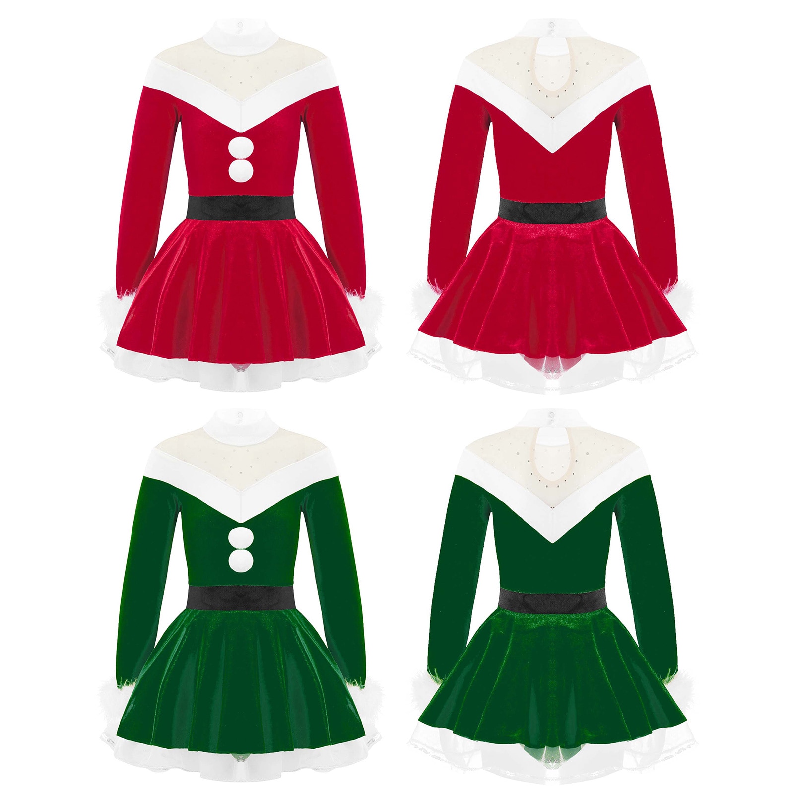 Kids Girls One-piece Dress Christma Cospalay Long Sleeves Pompoms Adorned Velvet Dance Dress Bodysuit Christmas Costumes