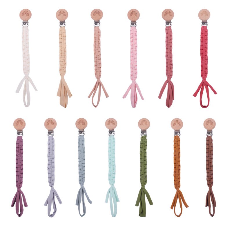 Rainbow Beech Wood Pacifier Clip Handmade Nipple Holder Chain Cotton Braided Nipple Chain