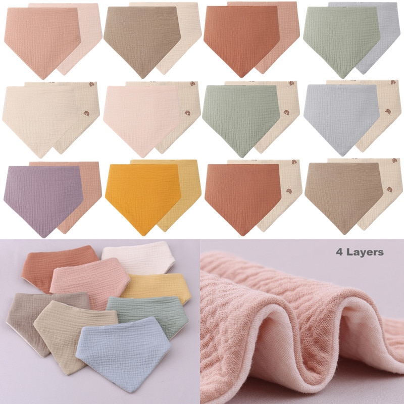 1pc 4 Layers Gauze Cotton Baby Bib Solid Color Triangle Burp Cloth Double-sided Saliva Towel Bandana for Newborn Feeding Product