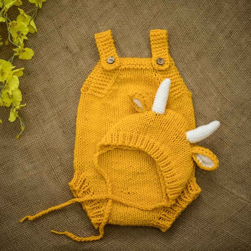3x Attractive Newborn Party Costume Baby Girls Boy Photo Props Cute Knitted Outfit Yellow Cow Doll Hat Set Clothing Gift