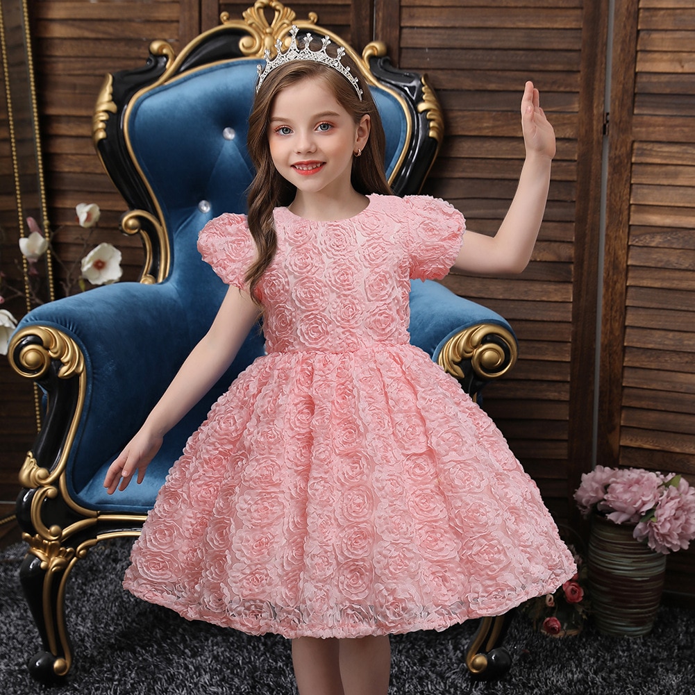 New Autumn Christmas Children Girl's Flowers Dress Soild Color Sweet Pink Princess Wedding Party Dress For Kids 2 To 6Year 