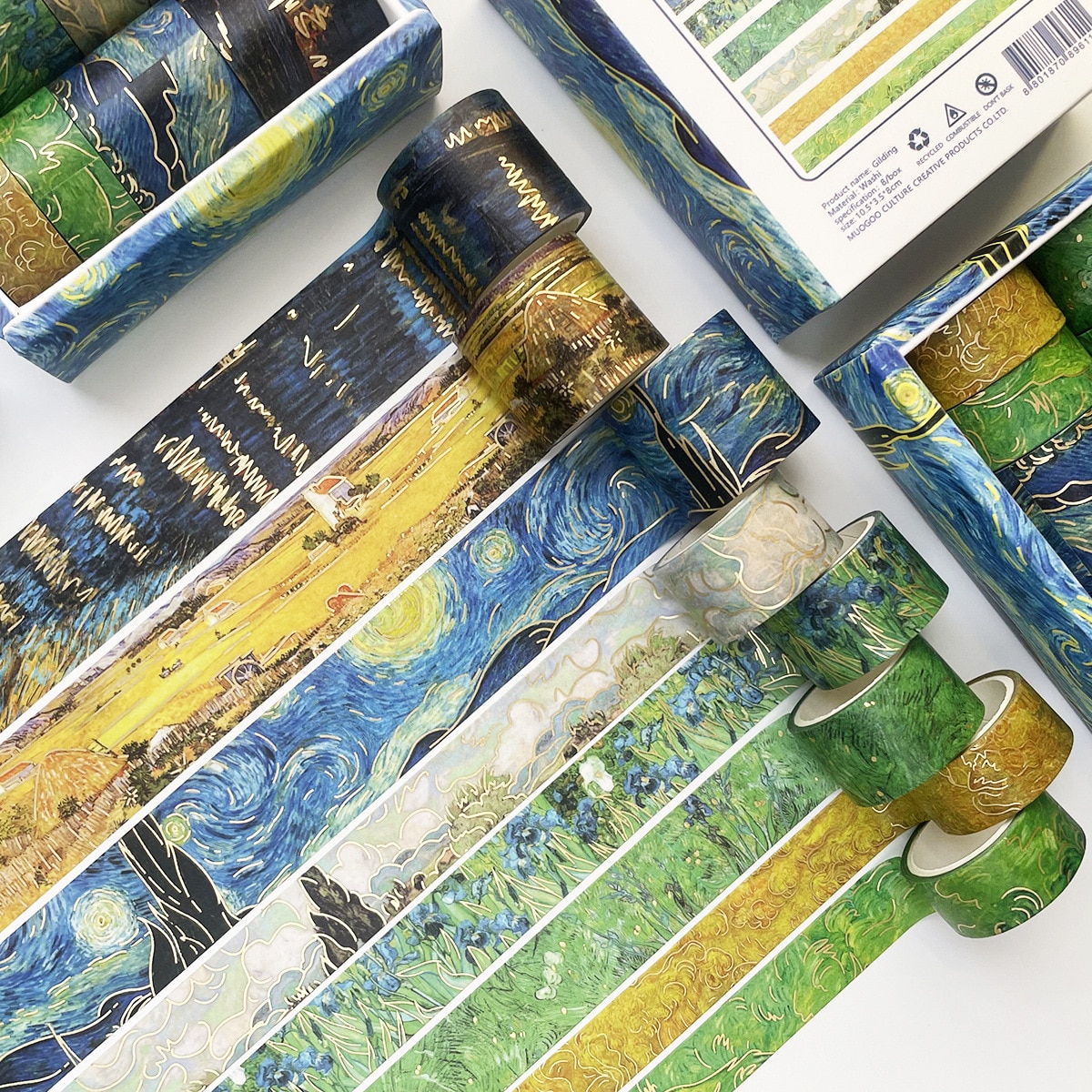 MOHAMM 8 PCS Washi Paper Gold Foil Van Gogh Oil Painting Starry Sky Masking Tapes Set for Scrapbooking DIY Crafts Decoration