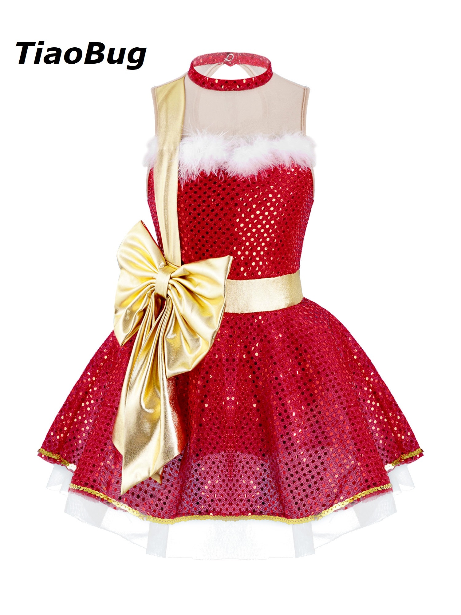Kids Girls Dance Leotard Dress For Christmas Round Neck Sleeveless Mesh Bowknot Sequins Adorned Christmas costumes