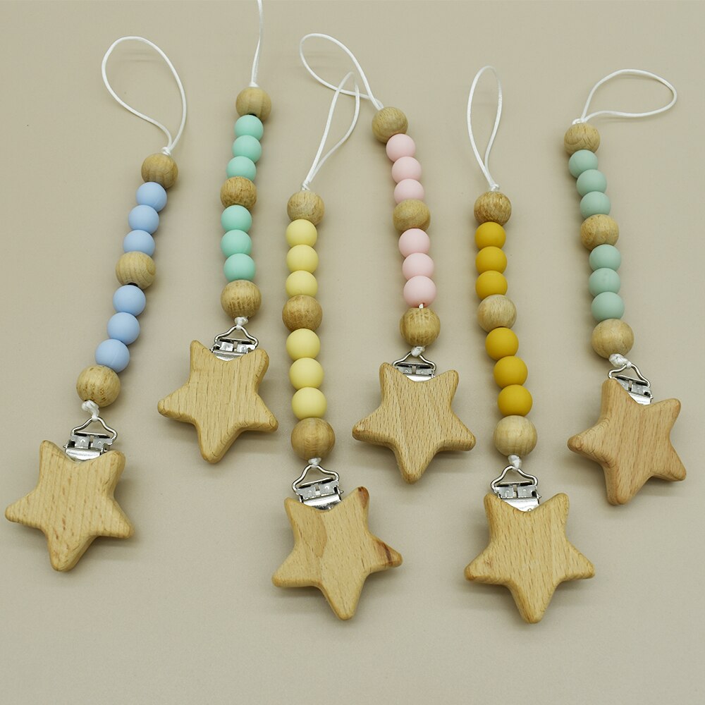 Silicone Pacifier Holder Baby Teething Chain Wooden Nipple Clip BPA Free Teether Holder Newborn Teether Toy Baby Shower Gifts