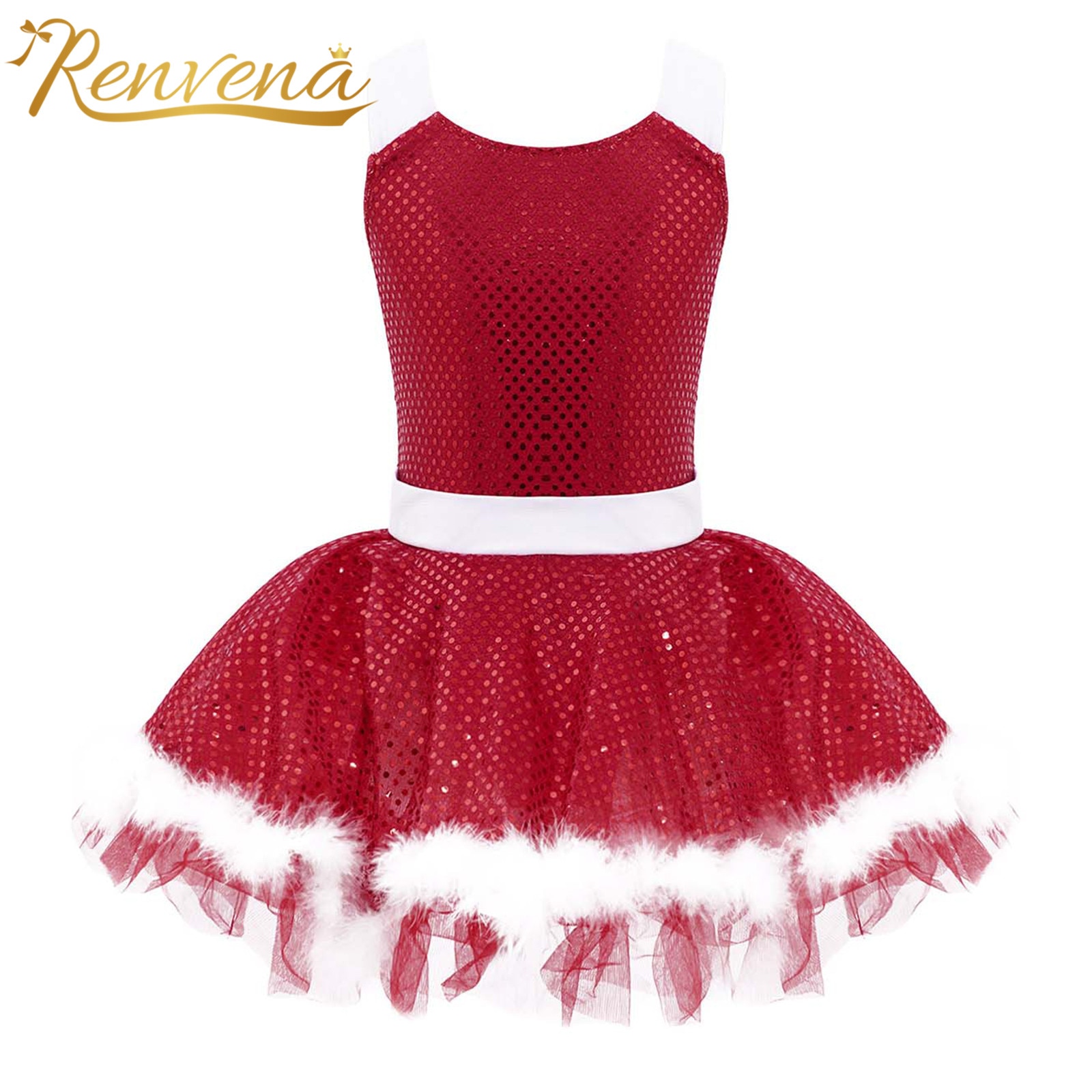 Kids Girls Cosplay Christmas Costume Ballet Gymnastics Leotard Dress Sleeveless Sequins Tutu Dress Red Figure Ice Skating Dress