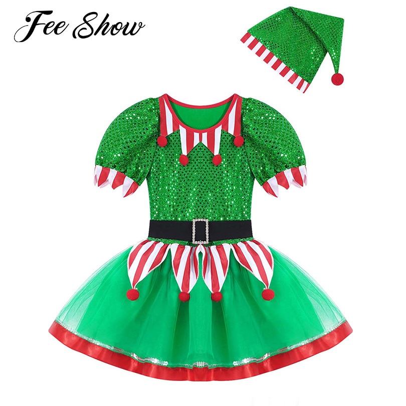Green Girls Christmas Elf Cosplay Costumes Carnival Theme Party Kids Cosplay Dress Performance Sequins Mesh Tutu Dress with Hat