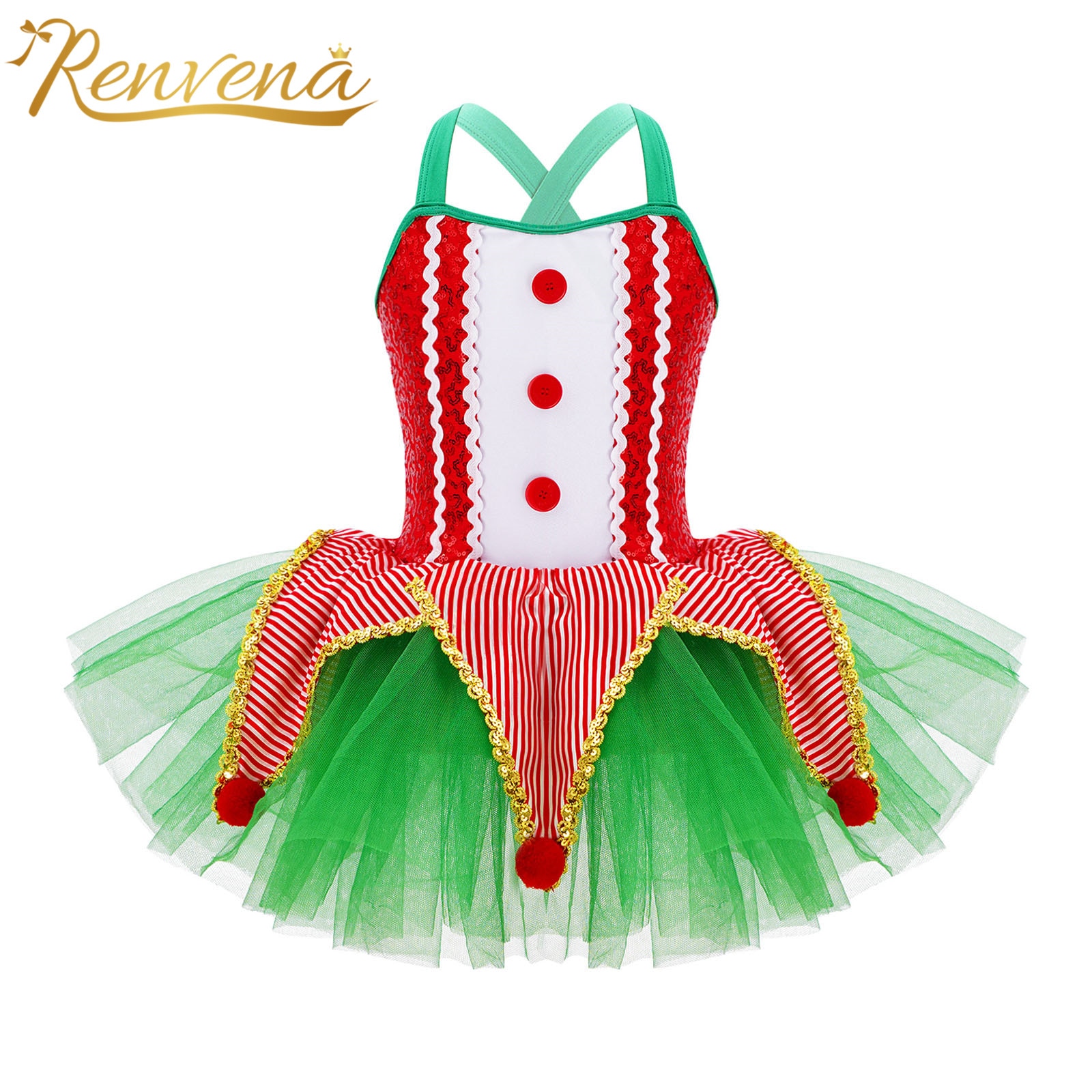 Kids Girls Cosplay Elf Costume Christmas Dance Costume Sequins Ruffle Tutu Mesh Ballet Gymnastics Leotard Performance Dress Xmas