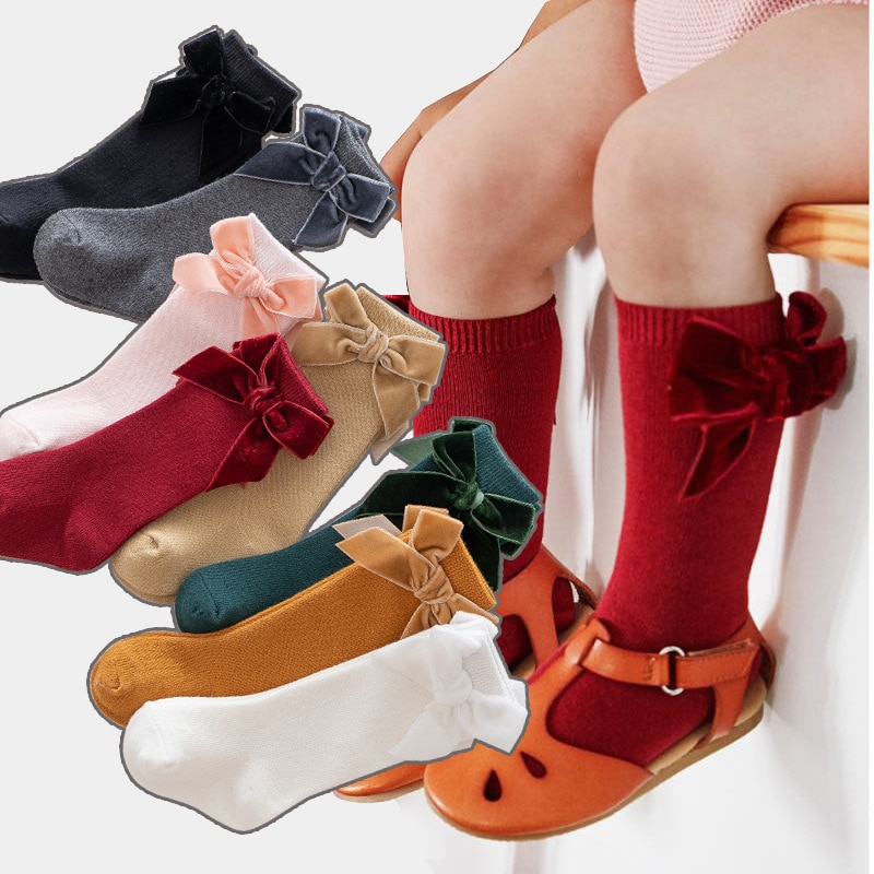 Fall and Winter Spanish Velvet Big Bow Knee-Length Baby Socks Princess Full Moon Socks Cotton Girl Socks
