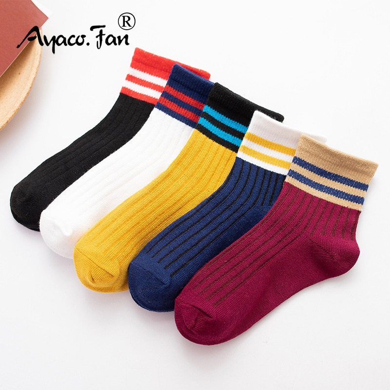 5 Pairs/Lot Children Cotton Socks Boy Girl Baby Autumn Thick Socks Soft Kids Cartoon Striated Knee-High Socks for Spring 1-12T