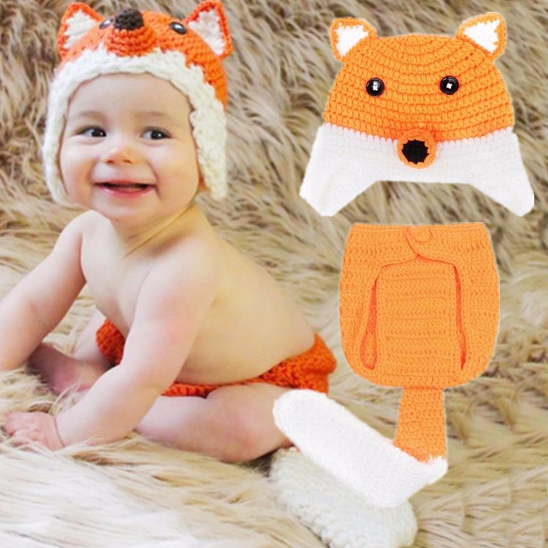 2Pcs/Set Infant Photography Props Crochet Knit Fox Clothes Suit Newborn Photo Costumes Baby Clothing Accessories