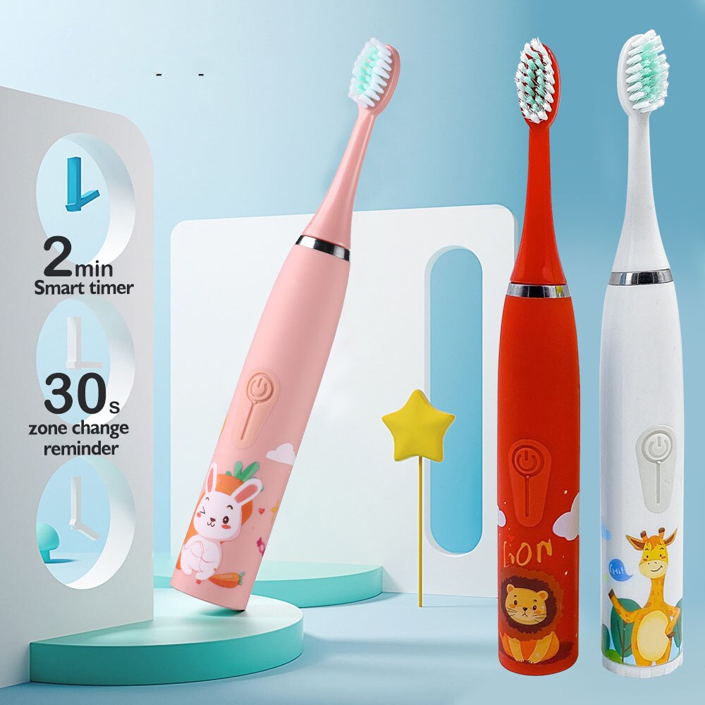 Children Electric Toothbrush Replacement Brush Heads USB Charger Smart Timer Cartoon Pattern Sonic Cleaning IPX7 Waterproof