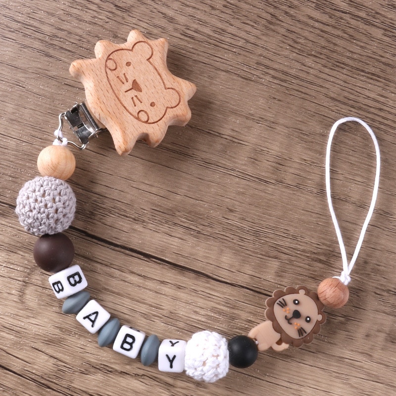 Personalize Name Beech Wood Dummy Clip Lion Pacifier Clips Chain Baby Silicone Pacifier Holder Chains Baby Attache Sucette Gift