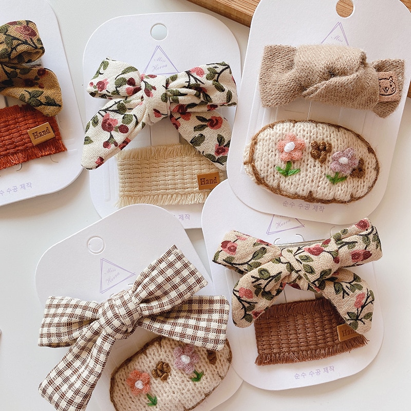 2Pcs Vintage Hair Clips For Girls Crochet Woolen Hairpins Baby Hairpin Handmade Hairclip Children Accessories Floral Print Hooks
