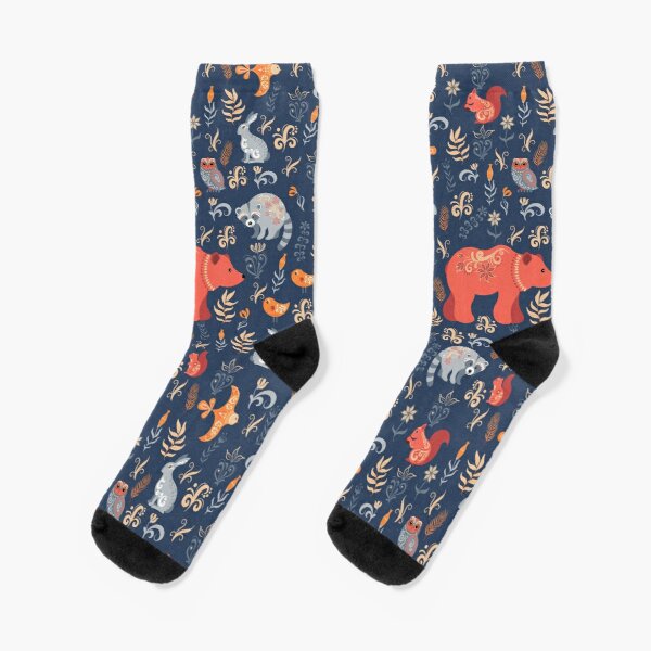 Fairy Tale Forest Fox Bear Raccoon O Crew Socks Mens Black Best Ankle Knee High Women