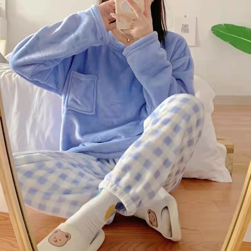 Yasuk Autumn Winter Fashion Women's Casual Lovely Solid Warm Soft Sleepwear Nightgow Loose Pajamas With Pants Flannel Pullo