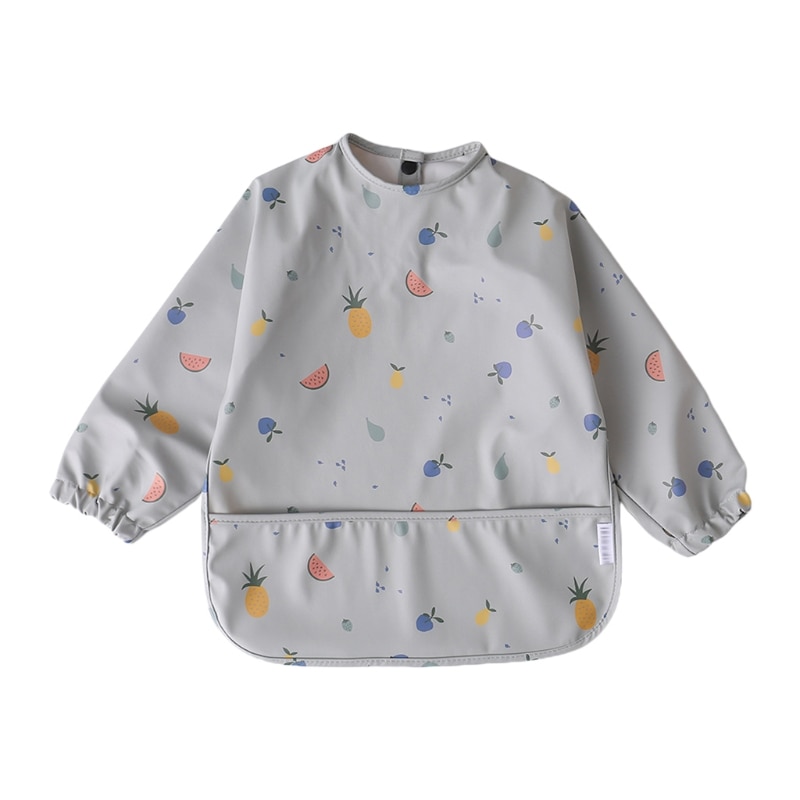 Cartoon Printed Waterproof Bib with Pocket Baby Infants Long Sleeve Feeding Drawing Painting Apron Newborn Smock