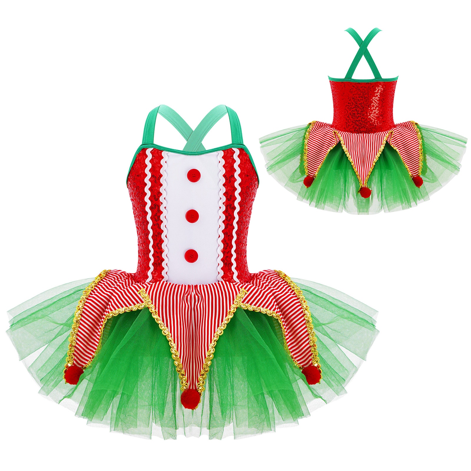 Kids Girls Christmas Sleeveless Tutu Mesh Skirt Xmas Green Elf Costume Dress Festival Santa Clause Costume Clothes for Girls