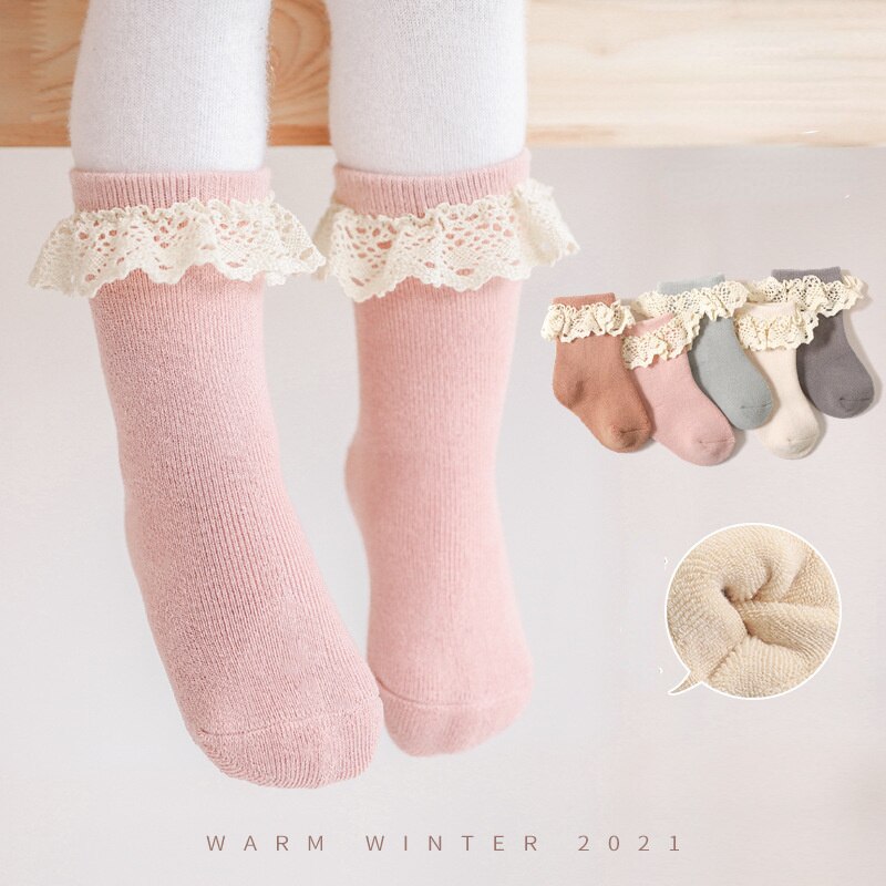 Autumn Winter Gilrs Thick Warm Lace Ruffle Socks Princess Socks for Kids Newborn Baby Toddler Children Pink White Socks 0-5Y
