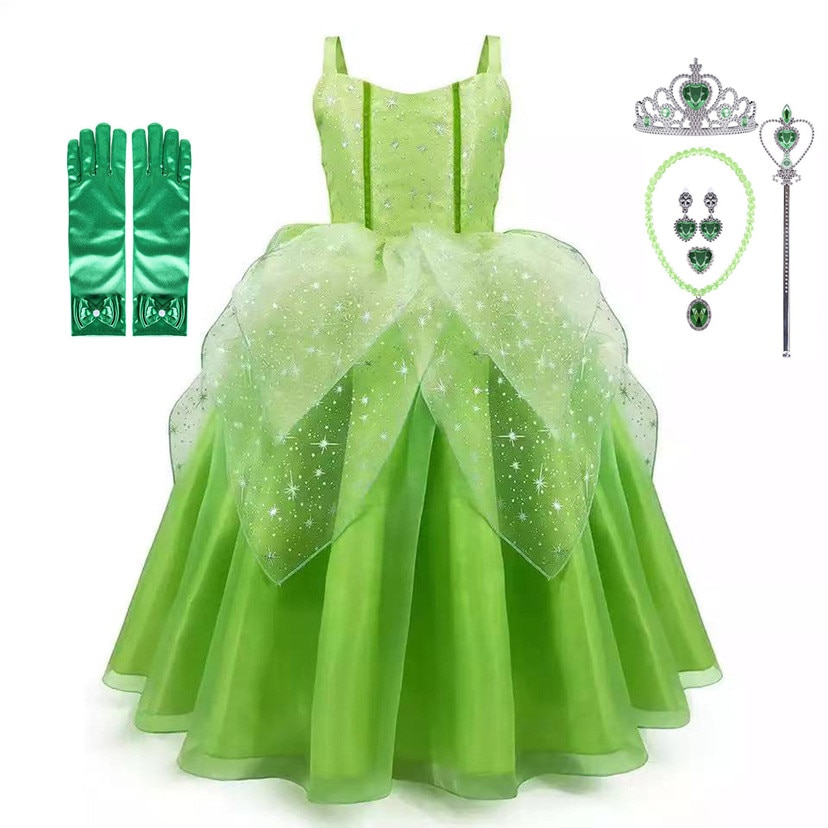 Girls Christmas Carnival Princess Tiana Dress Green Fluffy Sling Dresses Halloween Elf Costumes Party Clothing
