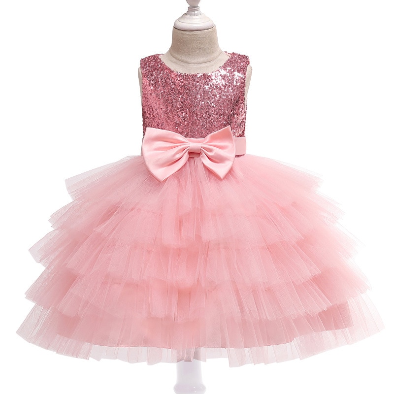 Pink Princess Dress for Girls Baby First 1St Year Birthday Sequin Layered Dress Toddler Evening Gown Christmas Kid Costume 3 Yrs