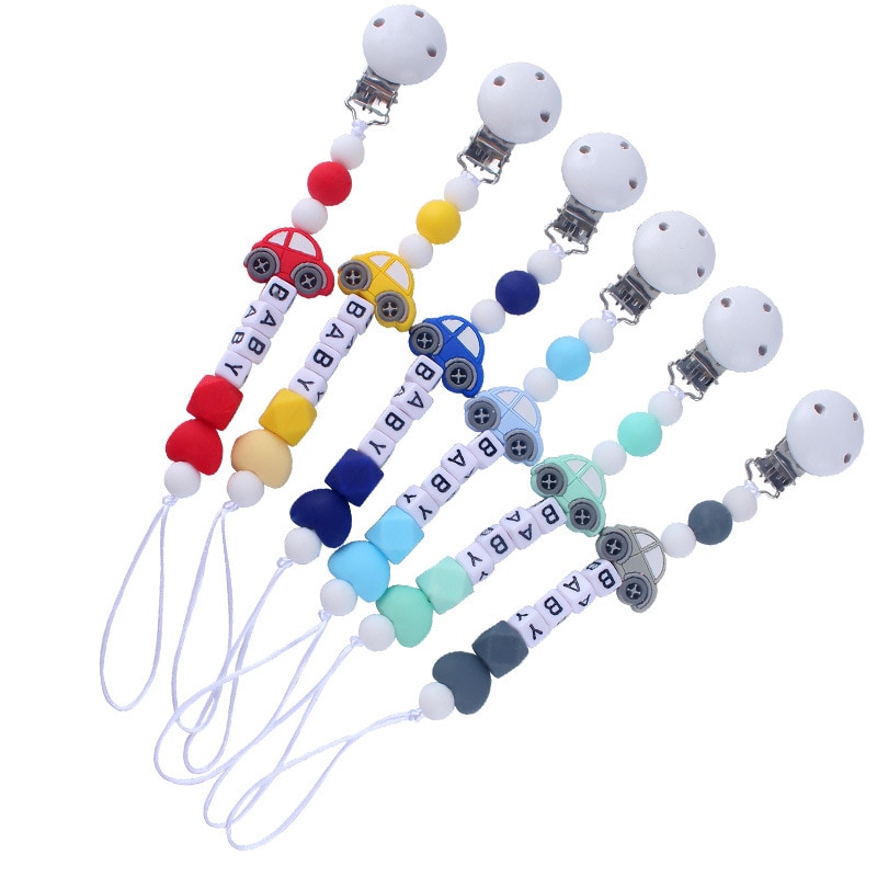 Personalized Name Gray Wood Baby Pacifier Clips Silicone Car Pacifier Chain Holder Baby Shower Gift