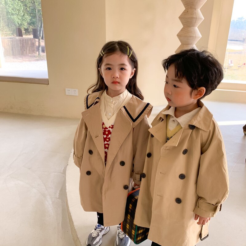 Fashion Kid Lapel Long Trench Coats Double Breasted Solid Color Windbreaker Jacket Spring Autumn College Style Children Clothes