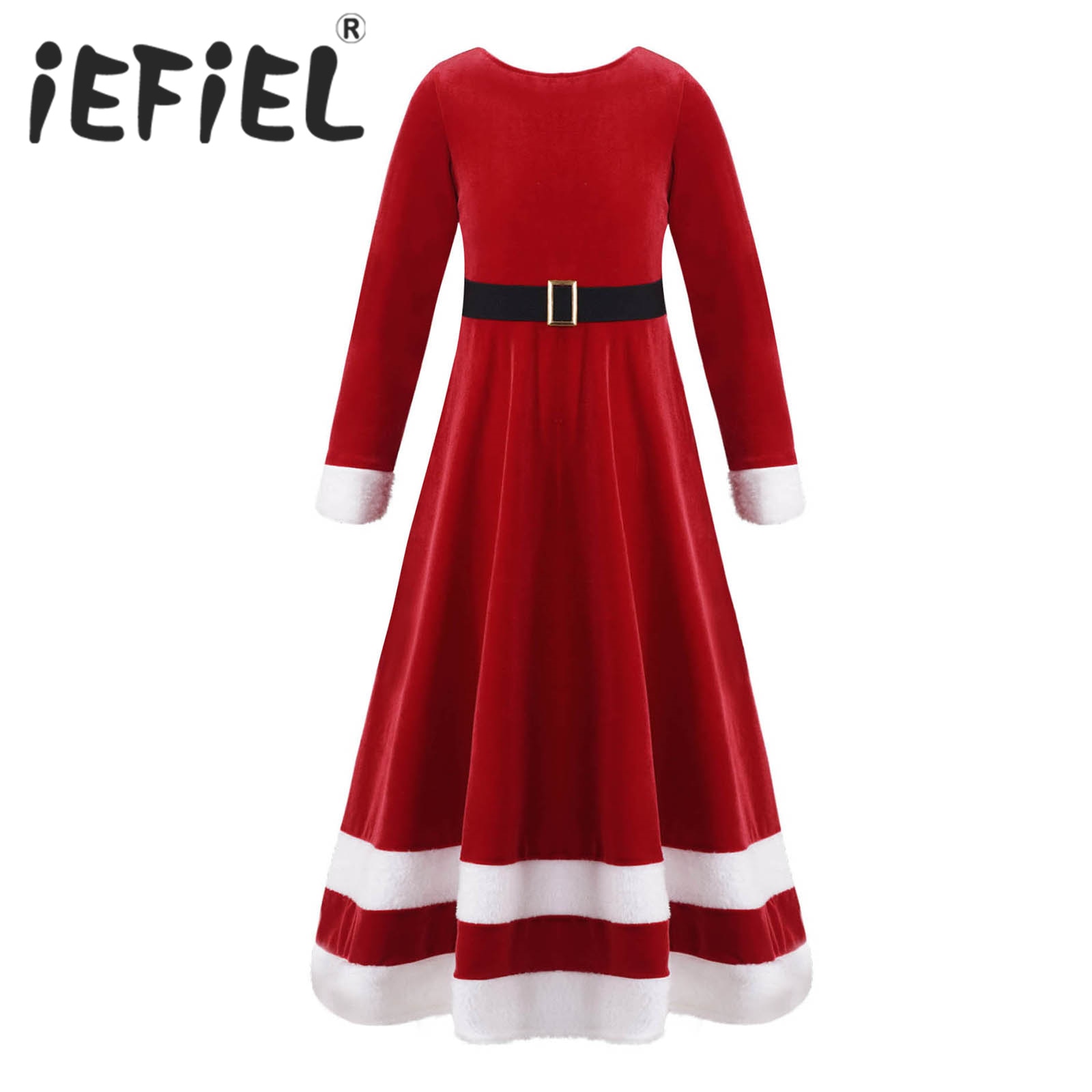 Kids Girls Christmas Costume Velvet Long Sleeves Faux Fur Red Dress Children Santa Clause Fancy Dress Up Party New Year Clothes