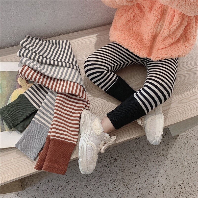 Children's striped leggings 2021 autumn striped warm foot pants
