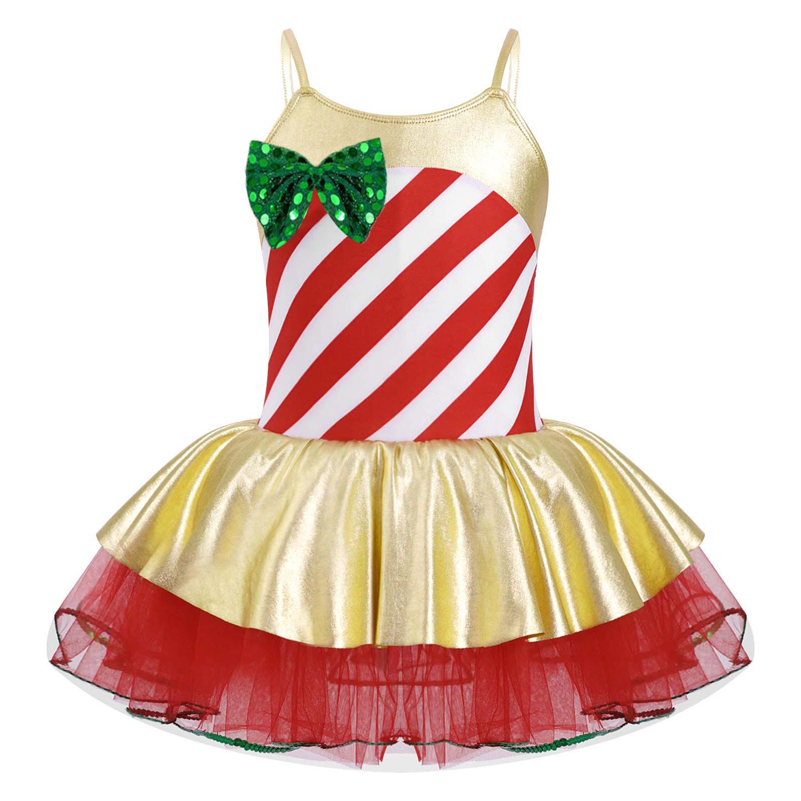 Kid Girls Christmas Costume Sequins Tutu Dress Sleeveless Shiny Striped Ballet Leotards Figure Ice Skating Tutu Ballet Dancewear