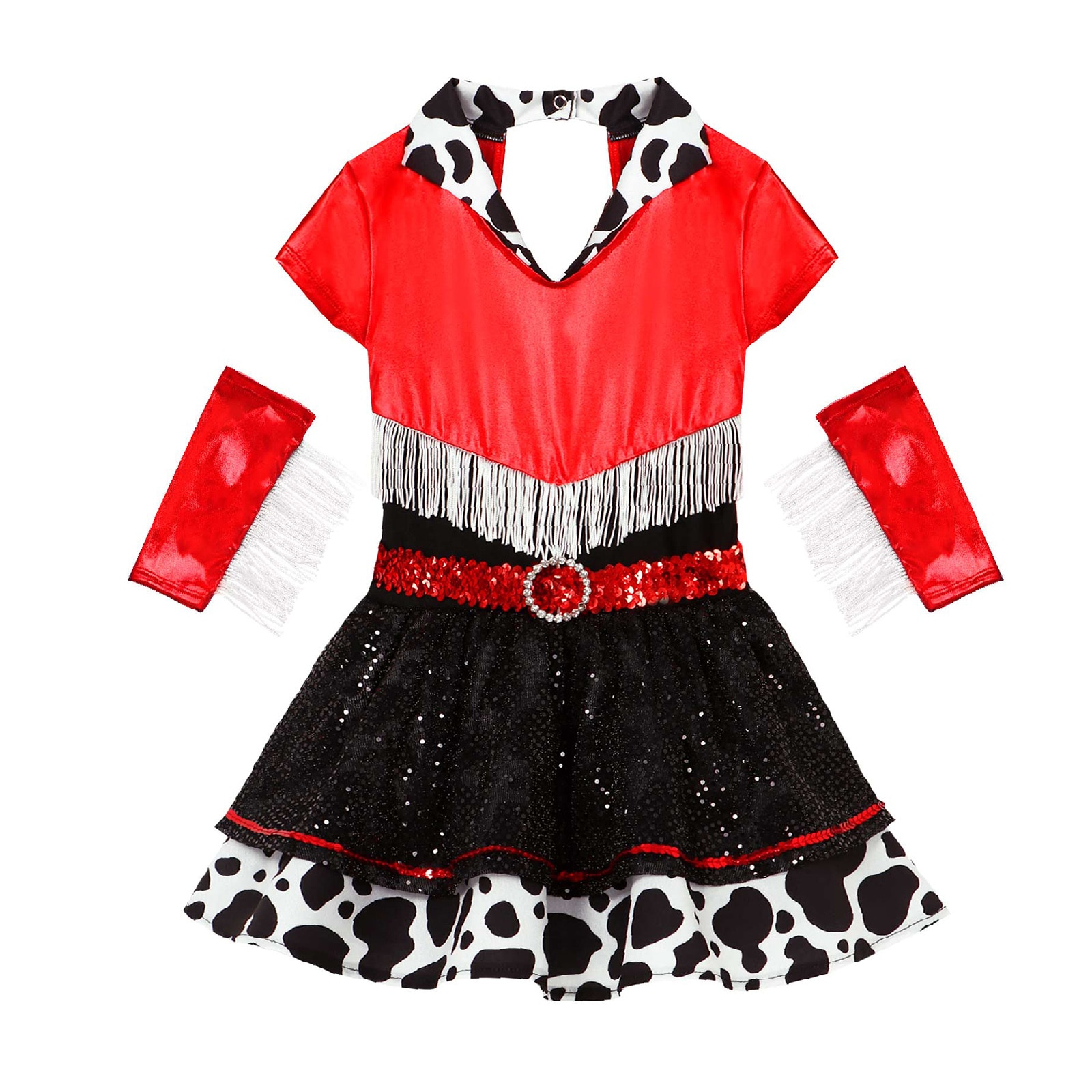 Kids Girls Shiny Sequins Jazz Latin Dance Ballet Tutu Dress Turn Down Collar Tassels Dance Performance Leotard with Arm Sleeves