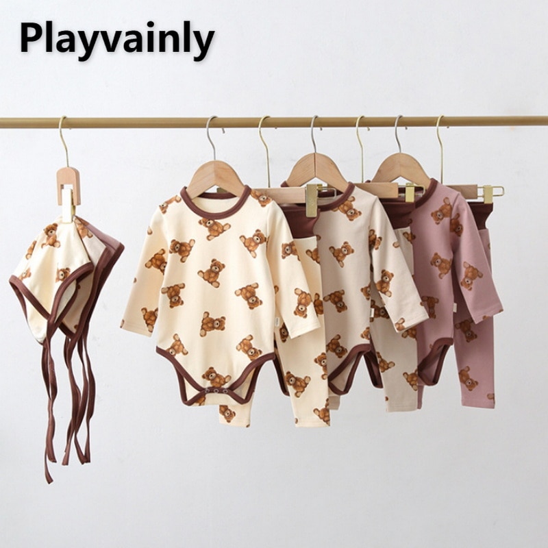 2022 New Spring Kids Girls Boys Pajamas 3-pcs Sets Long Sleeves Bear Print Bodysuit+Pants+Cap Bebe Casual Newborn Homewear E1625