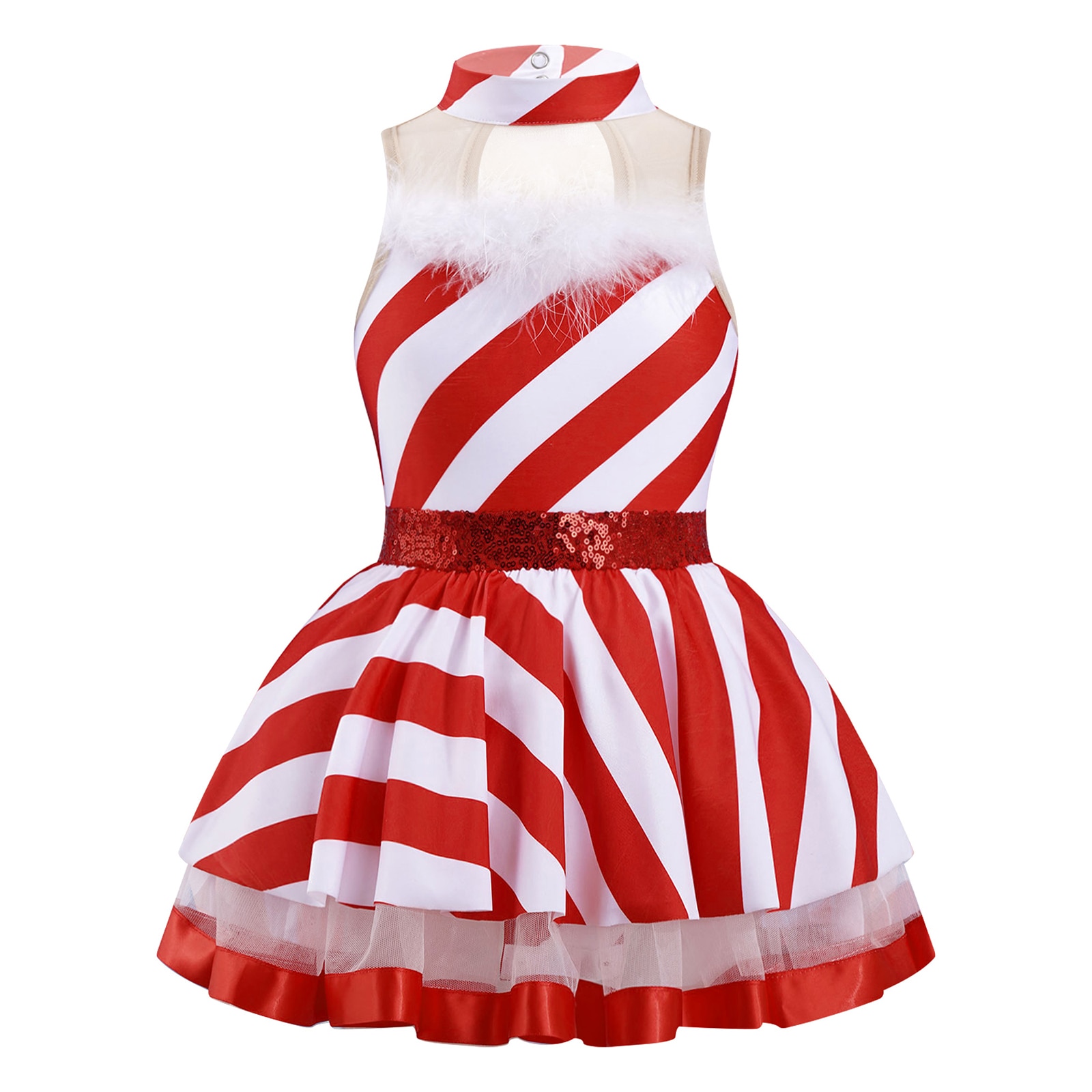 Kids Girls Dress Christmas Costumes Mock Neck Sleeveless Keyhole Back Mesh Patchwork Stripes Print Dress for Christmas
