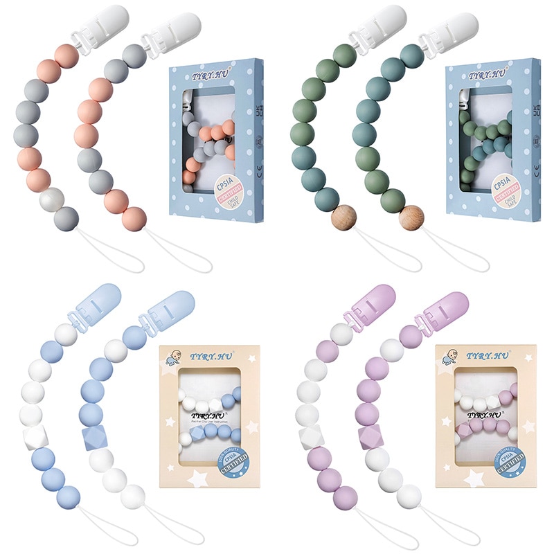 2PC Baby Silicone Pacifier Chain Wooden Clip Dummy Nipples Holder Clip Baby Silicone Teething Toy Gift For Cute Baby Accessories