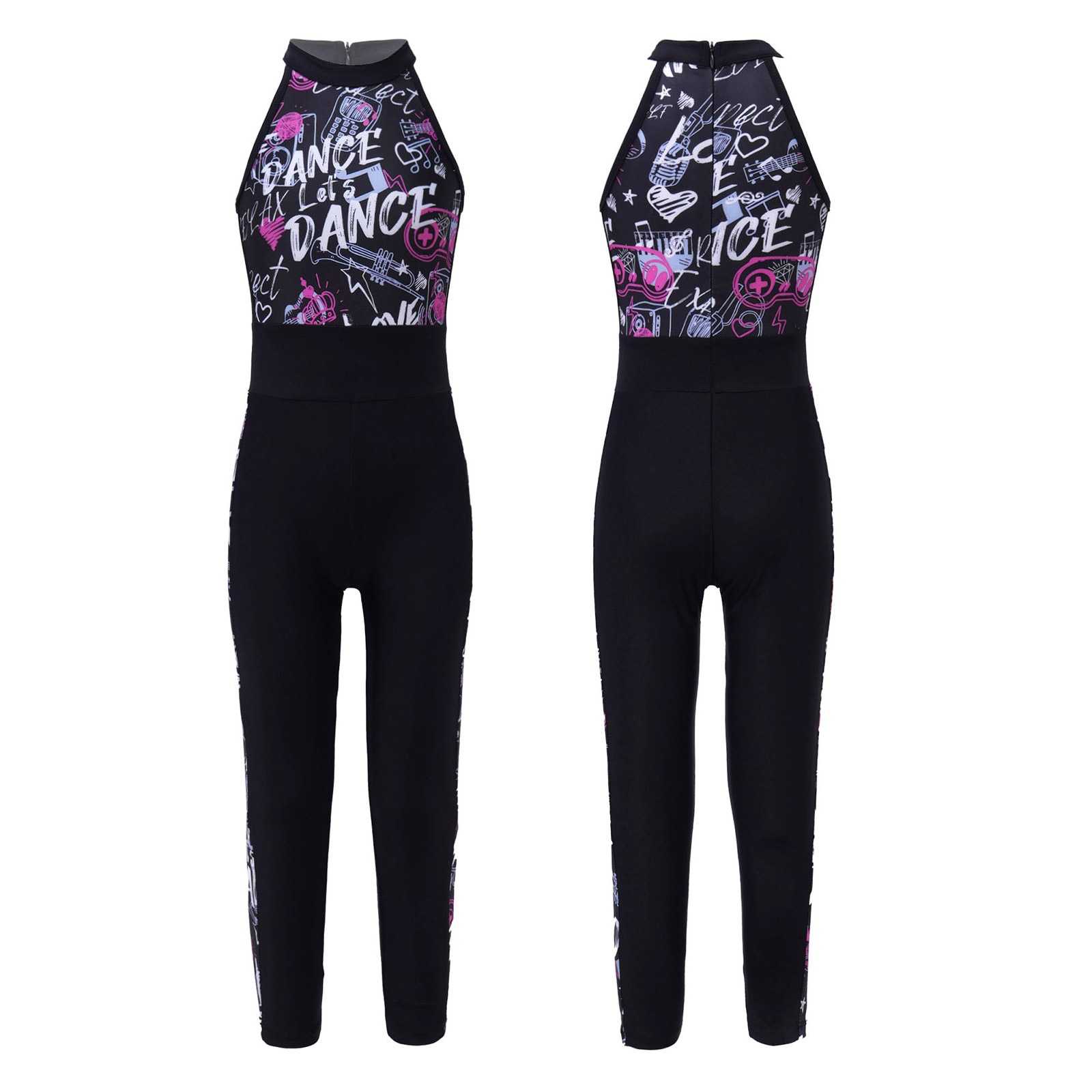 Kids Girls Dancewear Stretchy Sport Jumpsuit Sleeveless Back Hidden Zipper Closure High Waist Pants Gymnastics Jumpsuit Bodysuit