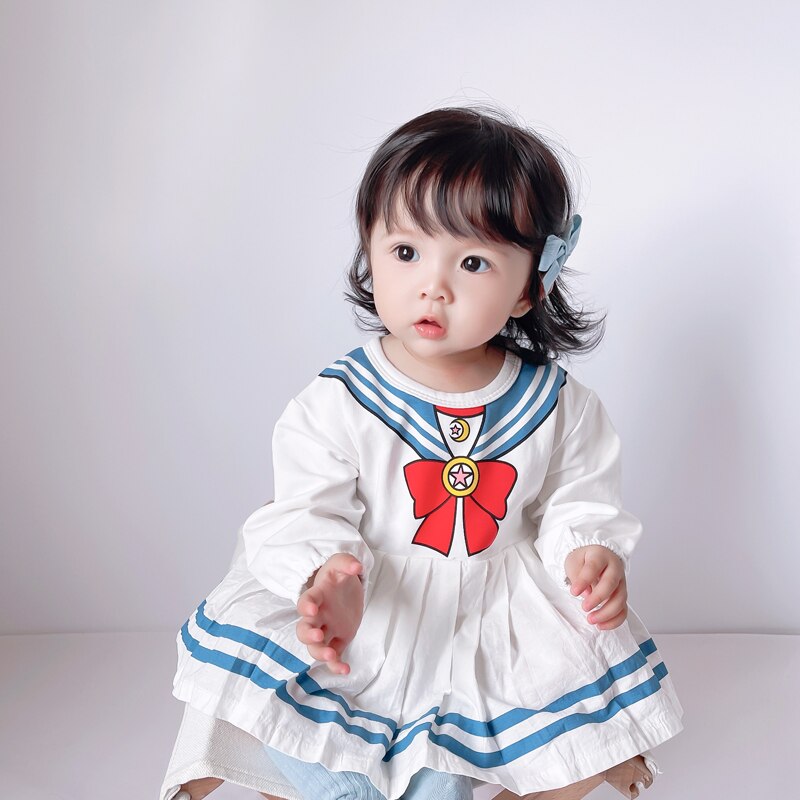 Factory price 2022 jumpsuit fashion new design Baby girl navy collar printed pleated skirt long sleeve baby jumpsuit romper