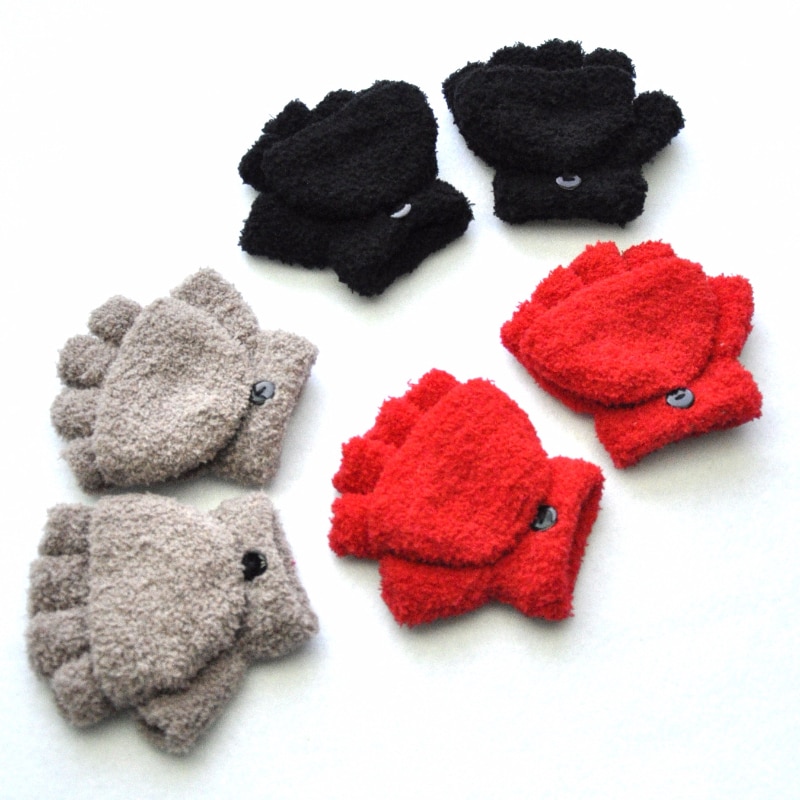Winter Warm Gloves Children Soild Color Fingerless Flip Gloves Baby Girl Boys Plush Mittens for 5-11Years kids Accessories