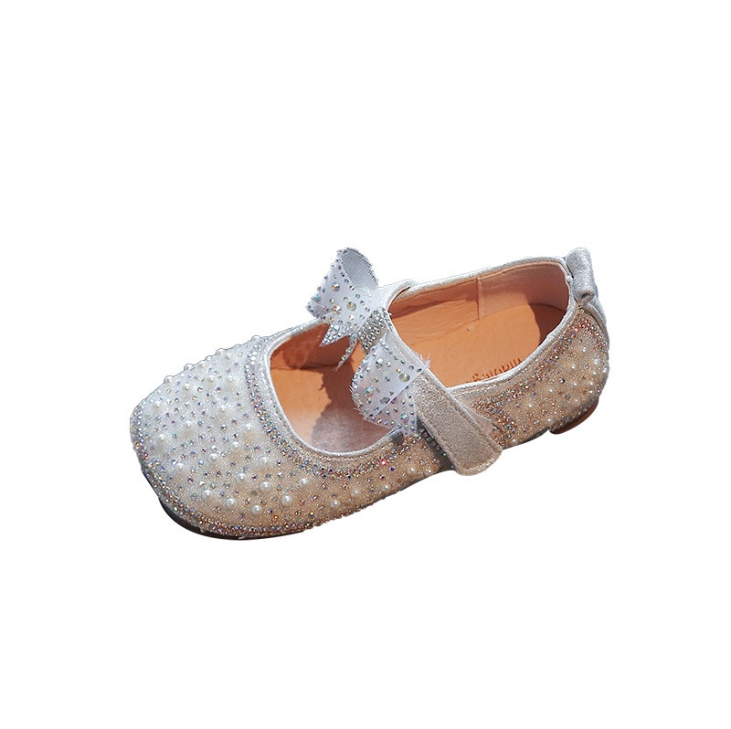 Girls Single Shoes Summer Rhinestone Pearl Little Girl Cute Bow Princess Shoes PU Leather Shoes Spring & Autumn Party Shoes