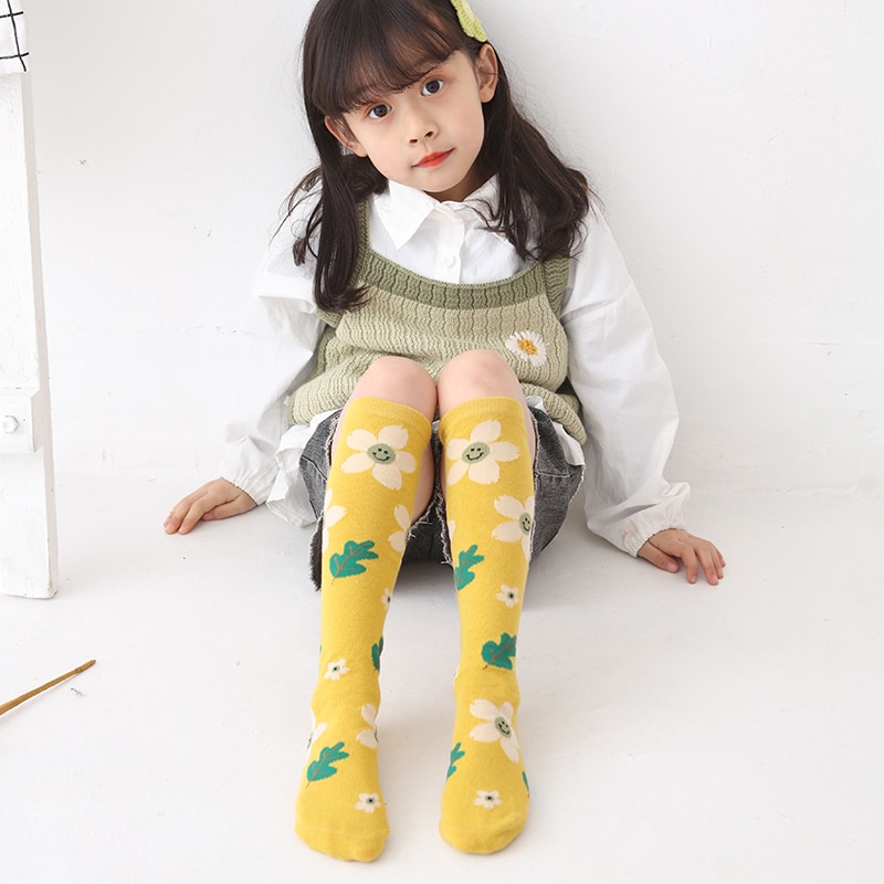 Spring Autumn Retro infant kids socks leaf smiley sun flower embroidery Breathable baby child Girls over Knee high long Socks