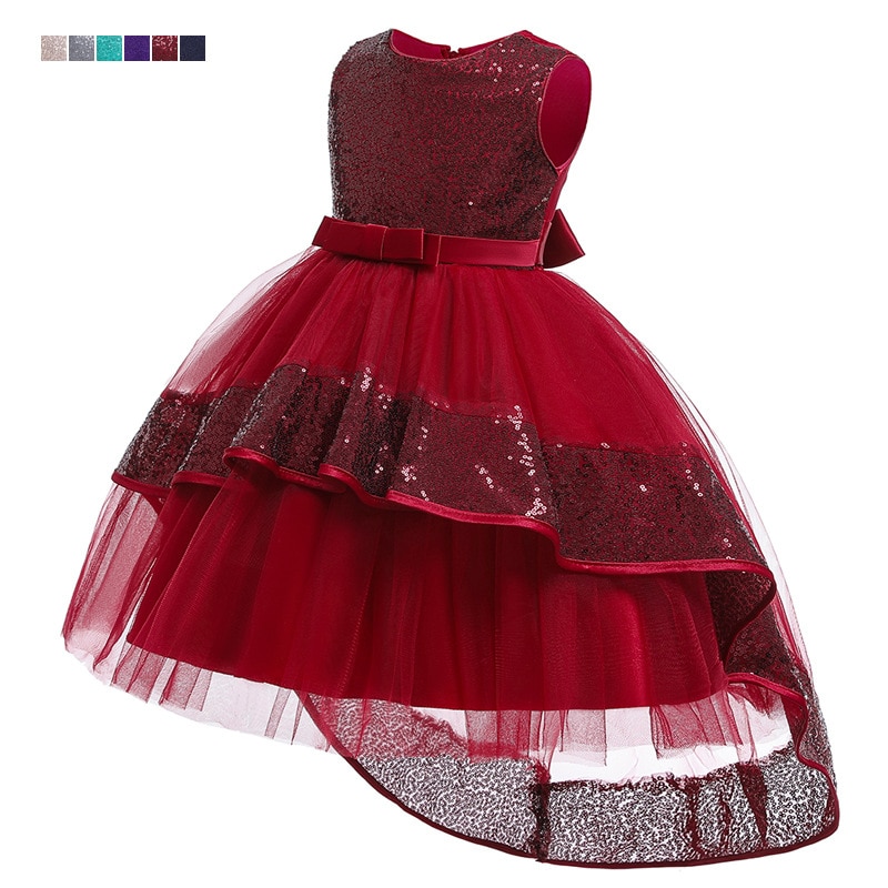 Evening Party Red Sequin Dress Little Girls Wedding Ball Gown Princess Pageant Kids Mesh Tull Sleeveless Dress Size 4-12 Years