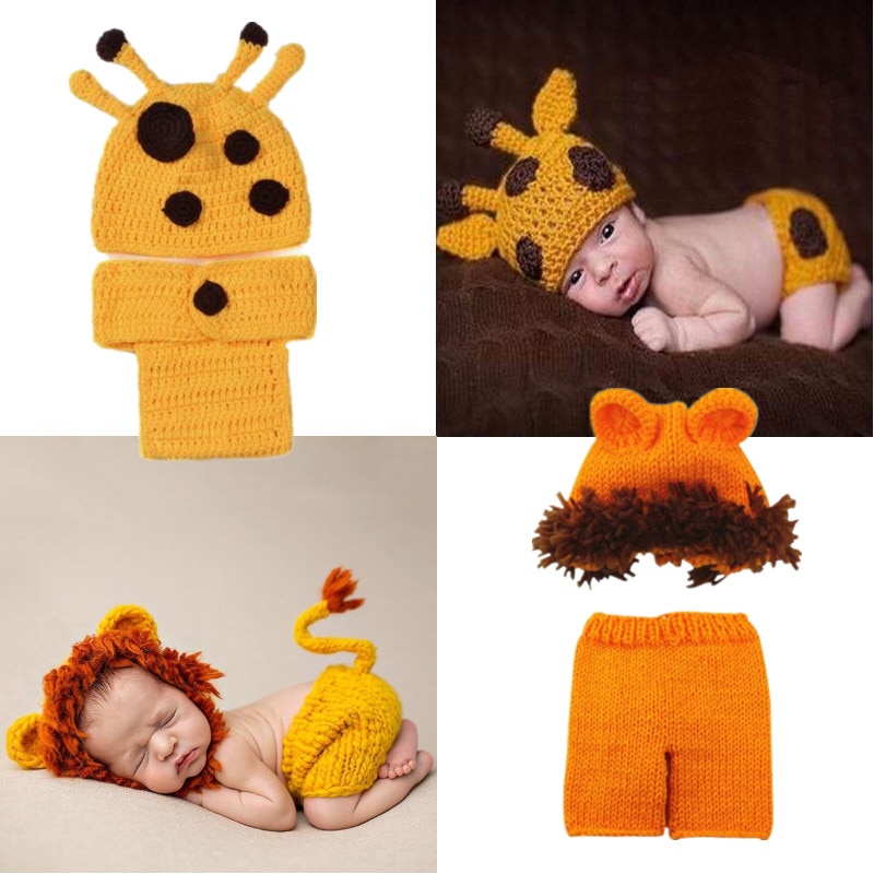2pcs/Set Deer And Lion Newborn Photography Props Baby Crochet Knit Costume Cartoon Deer And Lion Infant Hat Clothing