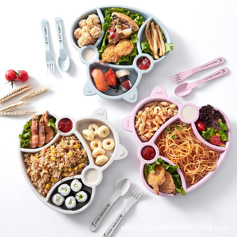5pcs/Set Creative Cartoon Baby Cutlery Grid Plate ABS Plastic Cutlery Baby Anti-drop Complementary Food Bowl