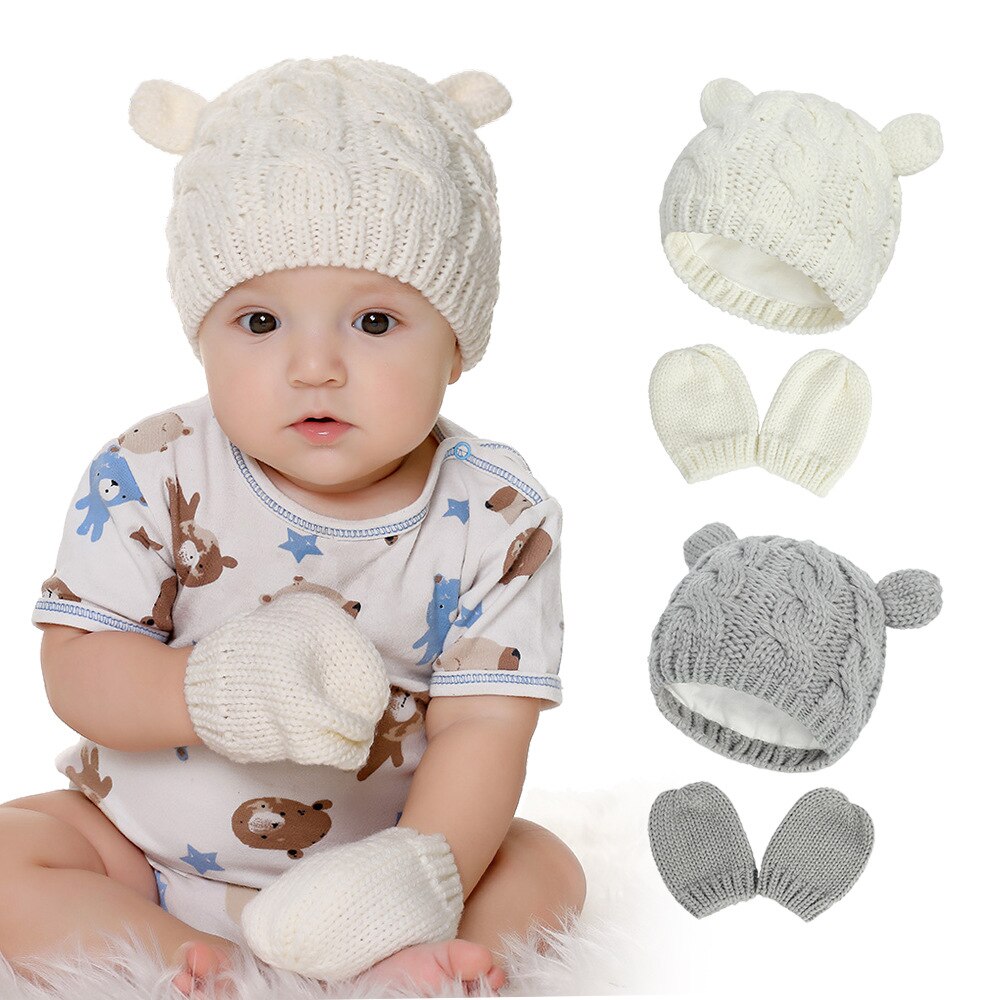 Baby Hat Knitted Hat 2021 Autumn and Winter Models Hat Gloves Set Cute Little Ears Shape Boy Girl Baby Caps