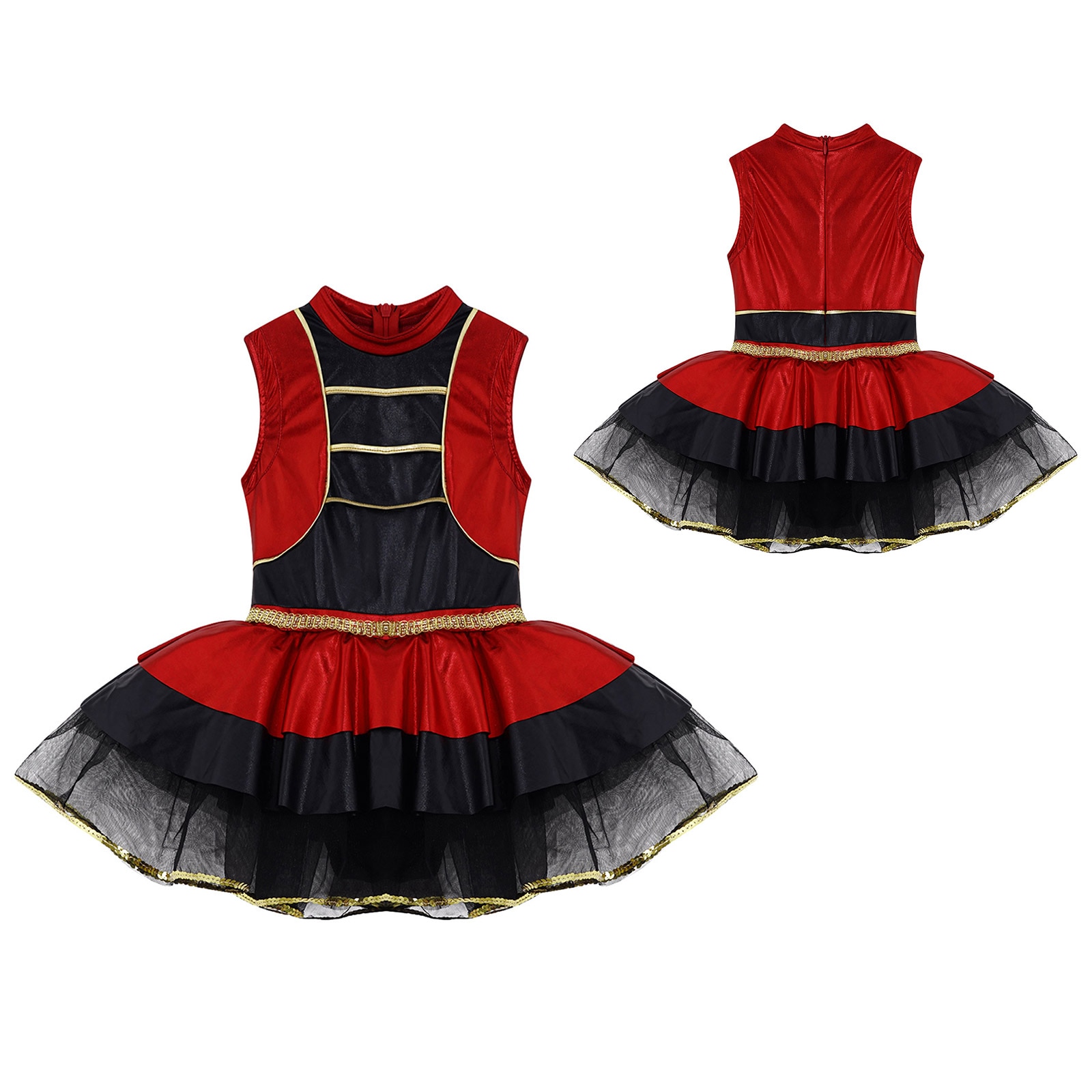 Red Kids Girls Mesh Tutu Dress Circus Ringmaster Costumes Round Neck Sleeveless Dance Jumpsuit for Halloween Carnival Party