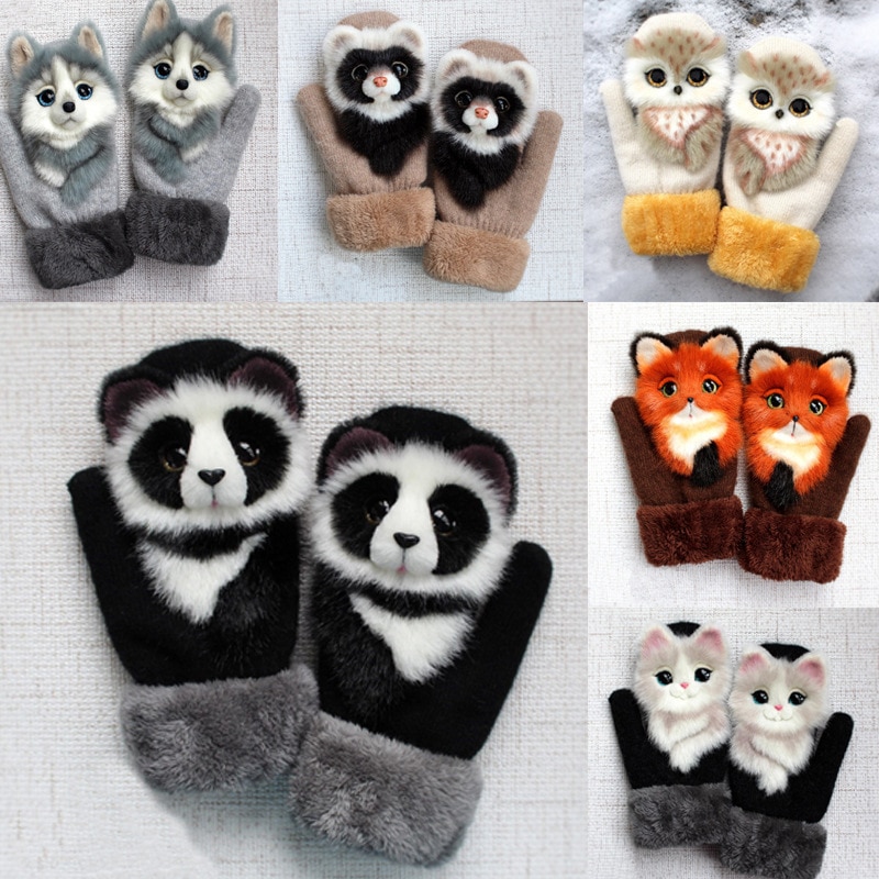 Women Winter Gloves Ladies Girls Outdoor Thick 3D Cartoon Dog Warm Mittens Thicken Men and Women Gloves Christmas Gifts for Kids