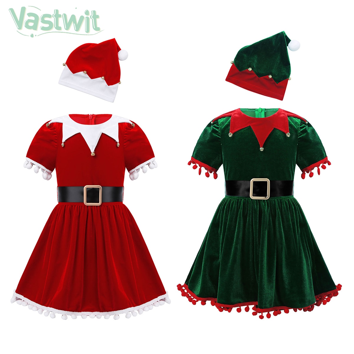 Kids Girls Santa Claus Costume Xmas Party Dress with Hat Belt Tassel Christmas Dresses New Years Vestido Fancy Christmas Dress