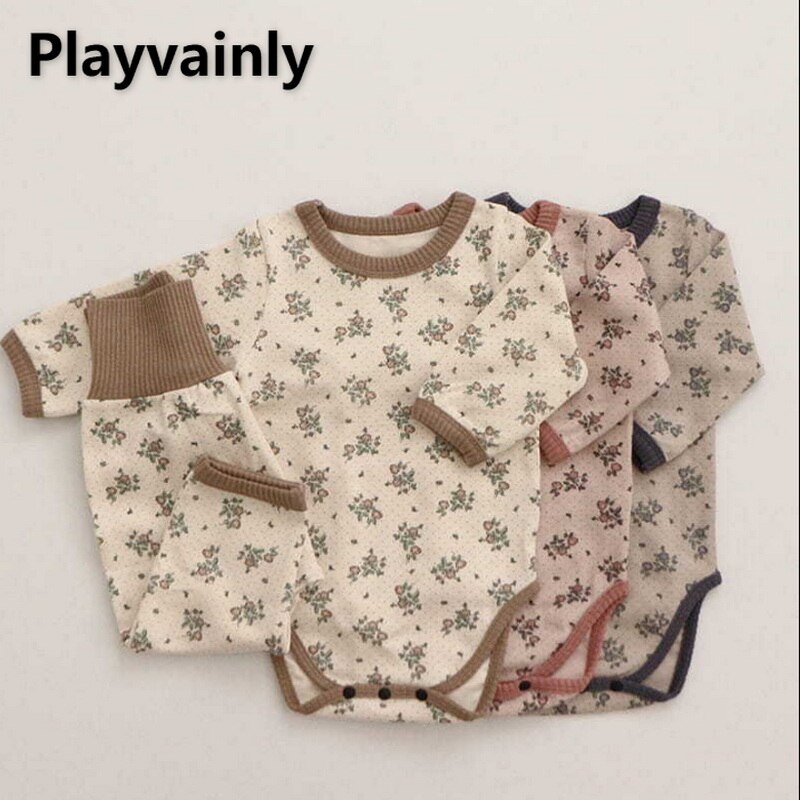 2022 New Spring Baby Girl Boy Pajamas Sets Long Sleeves Floral Bodysuit+Pants+Cap+Headwear Newborn Sleepwear Kids Homewear E1352