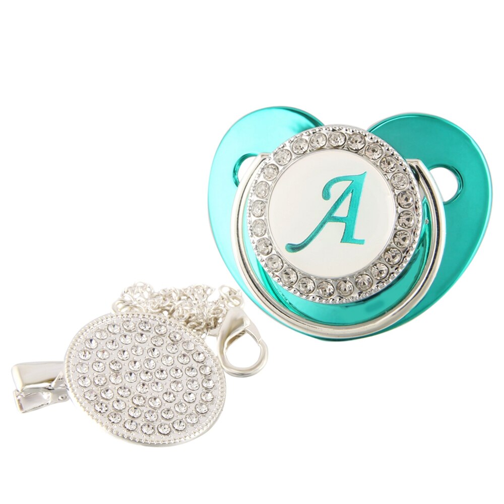 26 Name Initial Letter Metallic Teal Green Baby Pacifier With Chain Clip Newborn Baby Dummy Soother Nipple 0-12 Months