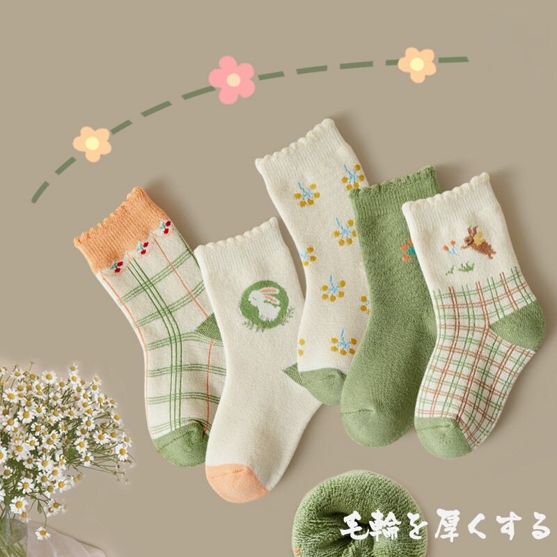 5 Pairs New Autumn/winter Thickened Wool Circle Cute Cartoon Tube Socks Baby Socks Children's Cotton Socks 1-12 Years Old