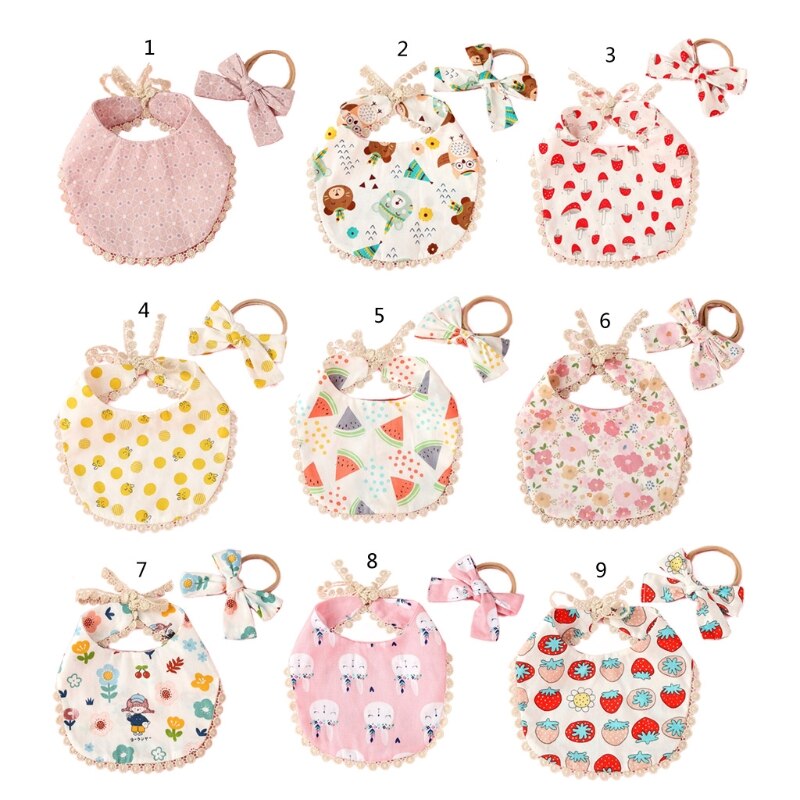 2 Pcs/Set Baby Feeding Drool Bib Floral Headband Set Lace-up Tassel Saliva Towel Soft Cotton Triangle Bandana Burp Cloth