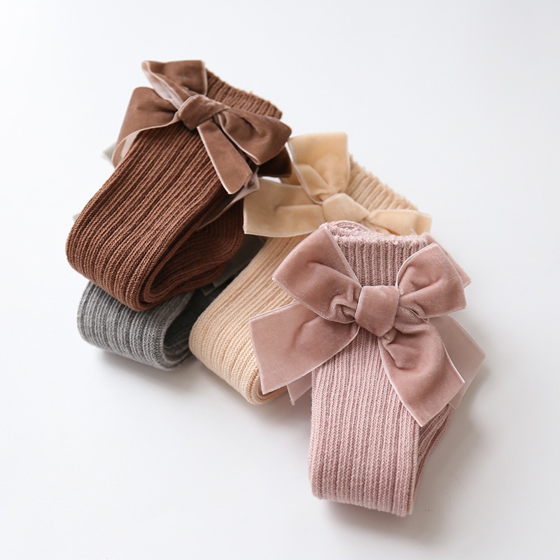 Children's Spanish Style Autumn and Winter Socks Big Bow Knitted Woolen Baby Socks Solid Color Knee-Length Socks Newborn So